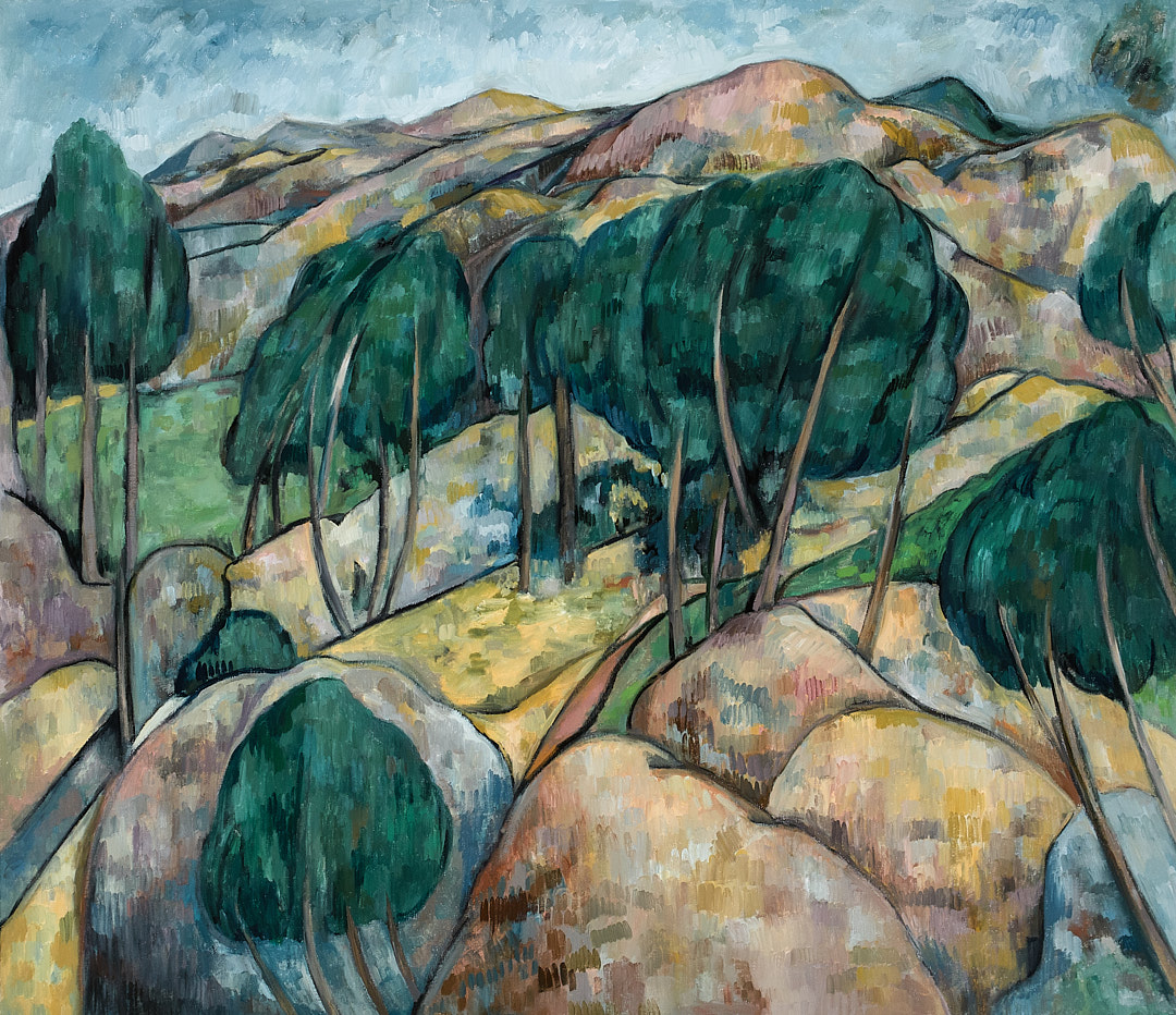 有树和岩石的风景画-布面油画，95x110x3.7cm，2024