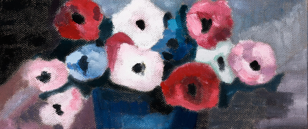 有蓝色花瓶和鲜花的静物画-布面油画17x40x3.7cm，¥400