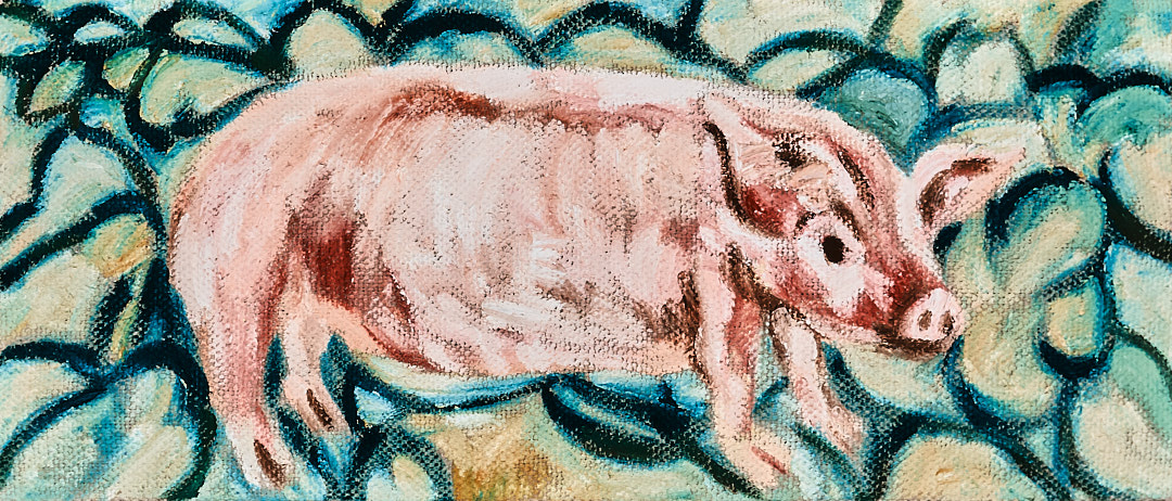宽叶林里的小猪-布面油画17x40x3.7cm，¥300